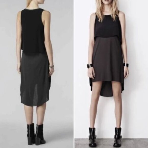 All Saints Rubik Silk Blend Hi Low Black Grey Overlay Shift Dress - Picture 2 of 2